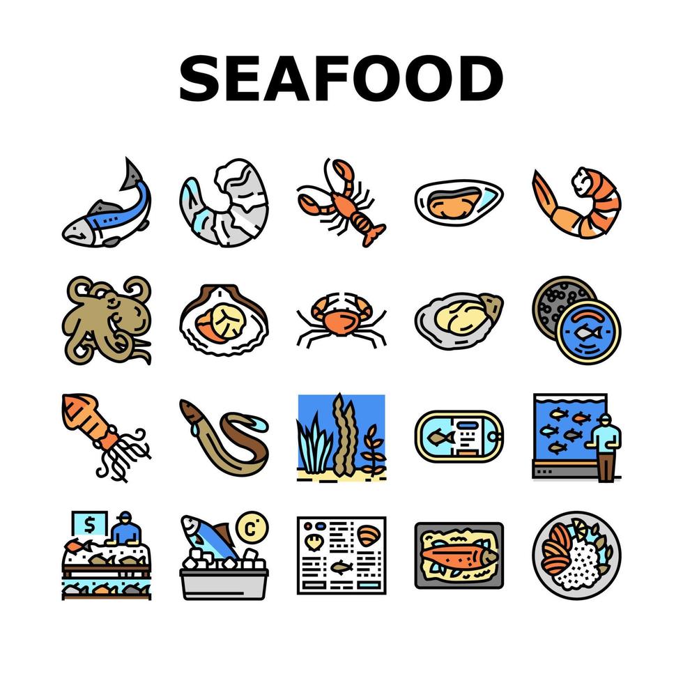 Meeresfrüchte gekochtes Essen Gericht Menüsymbole Set Vektor