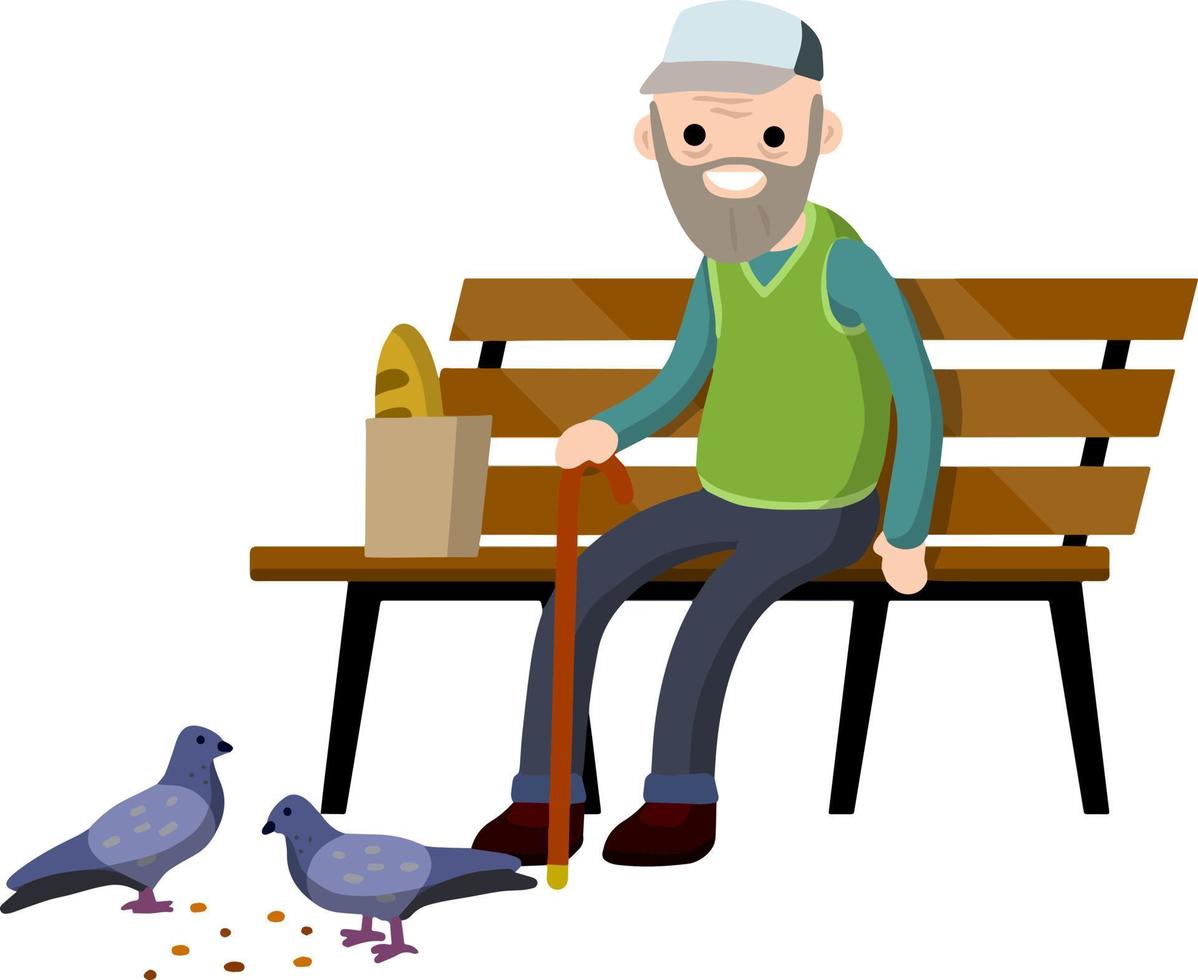 großvater sitzt auf der bank. alter Mann mit Stock. ruhe und lebensstil eines lustigen seniors. Element des Parks. Konzept des Alters. vektor