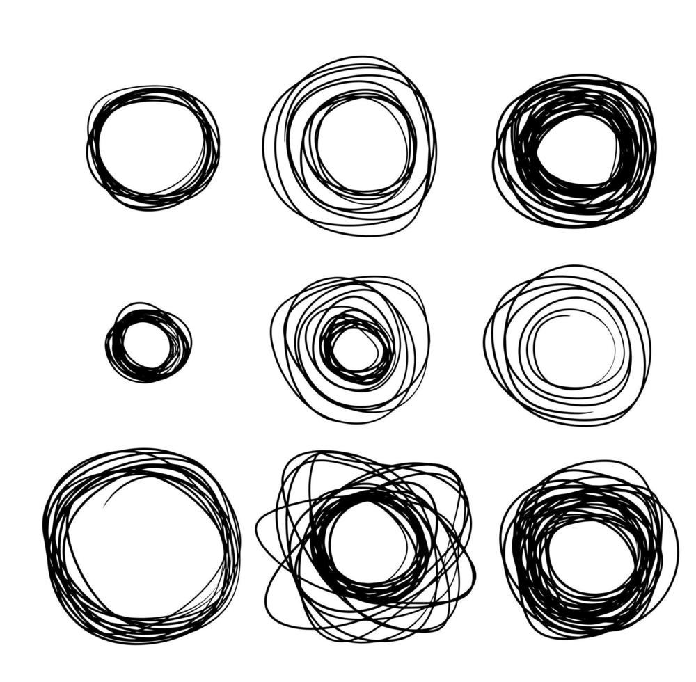 skiss cirkel. svart ring set. abstrakt geometrisk form. kaotisk doodle trasslig linje. vektor