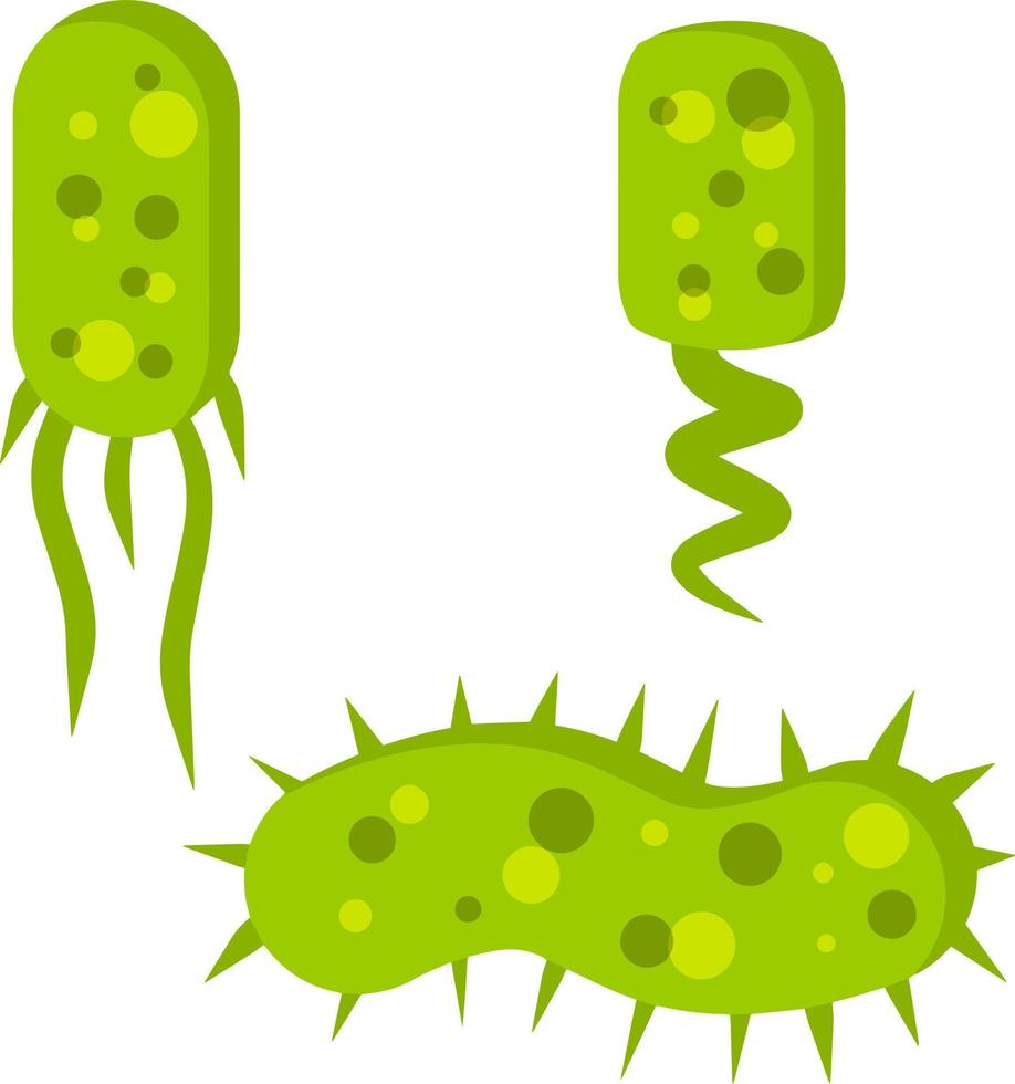 virus och gröna bakterier. orsakande medel. mikroorganism under ett mikroskop med flageller. farlig mikrob. vetenskaplig och medicinsk ikon. tecknad platt illustration vektor