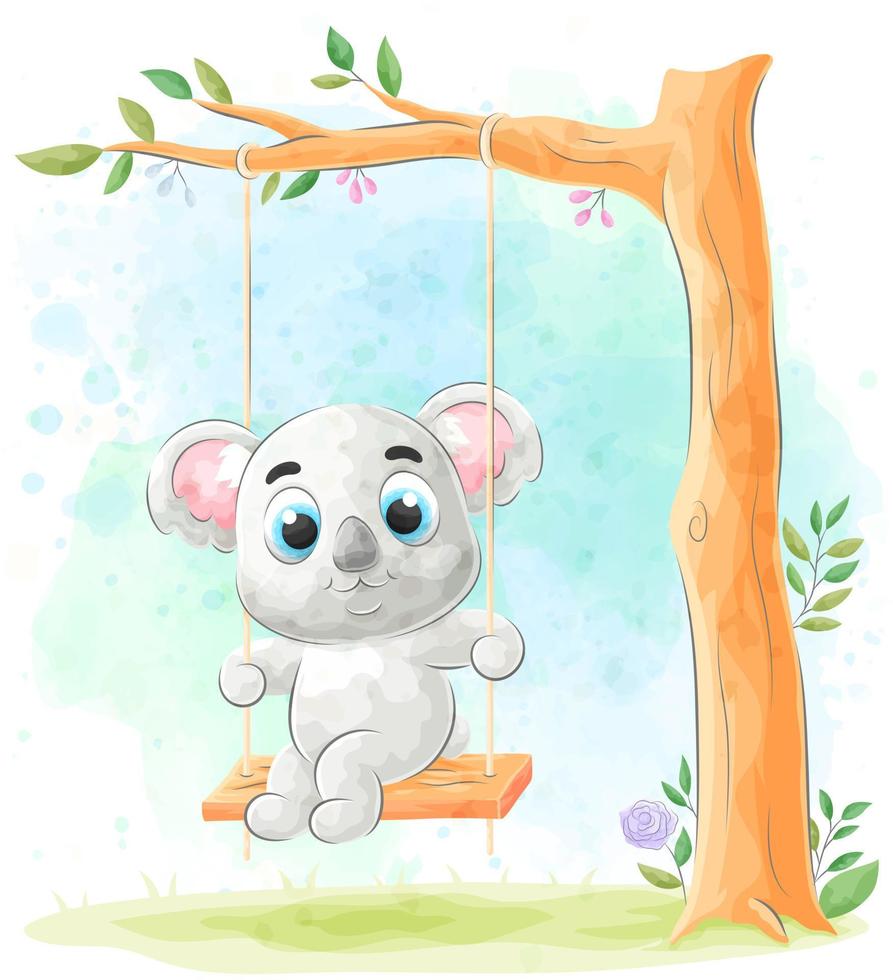 söt doodle koala spelar på en gunga med akvarell illustration vektor