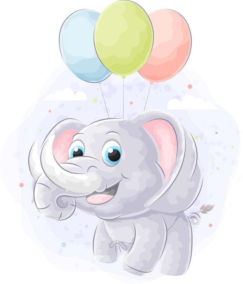 niedlicher gekritzelelefant, der unter verwendung des ballons mit aquarellillustration fliegt vektor