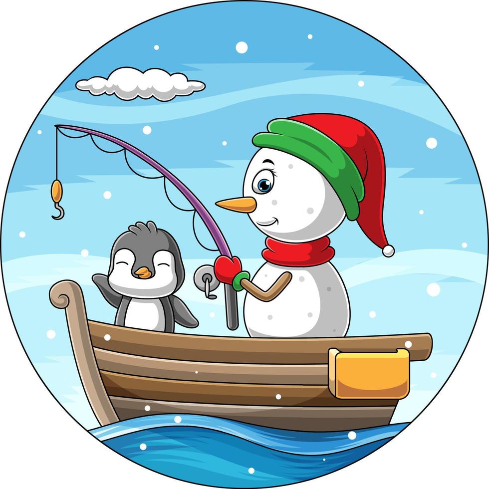 karikaturillustration des schneemannangelns mit einem pinguin auf einem boot vektor