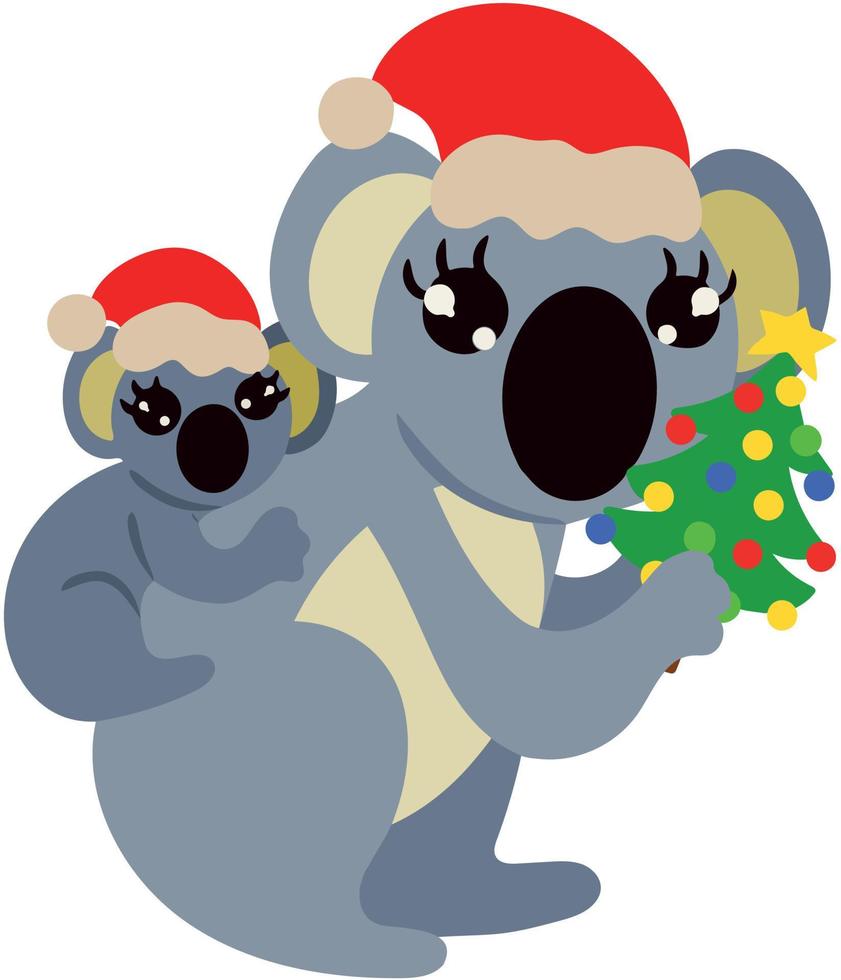 söt koala med baby på ryggen med festliga mössor och julgran i tassar. vektor illustration isolerad på vit bakgrund