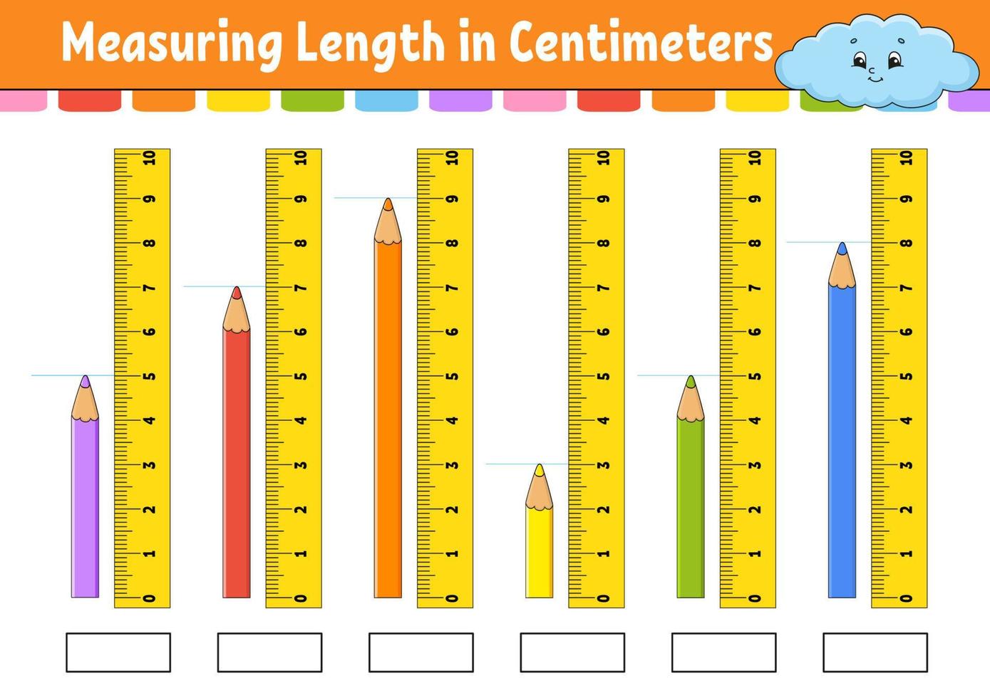 mäter längden i centimeter med linjal. utbildningsutvecklande arbetsblad. spel för barn. färgaktivitetssida. pussel för barn. söt karaktär. vektor illustration. tecknad stil.