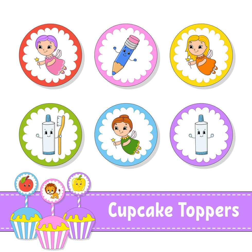 cupcake toppers. uppsättning av sex runda bilder. seriefigurer. söt bild. för födelsedag, py, baby shower. vektor