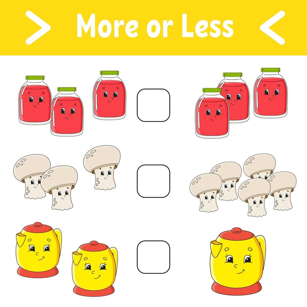 mehr oder weniger. Arbeitsblatt für Bildungsaktivitäten für Kinder und Kleinkinder. isolierte Farbvektorillustration im niedlichen Karikaturstil. vektor