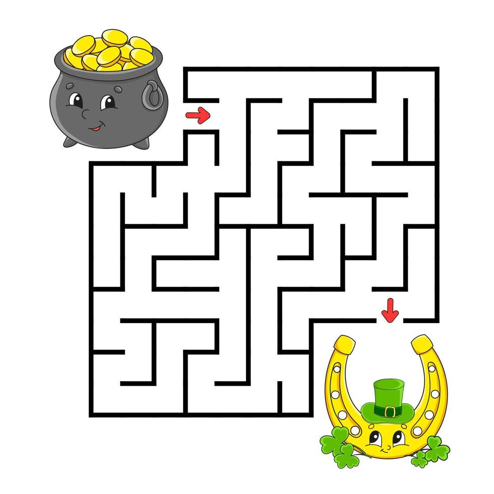 quadratisches Labyrinth. Spiel für Kinder. Puzzle für Kinder. Labyrinth Rätsel. Farbvektorillustration. isolierte Vektorillustration. Zeichentrickfigur. st. Patricks Tag. vektor