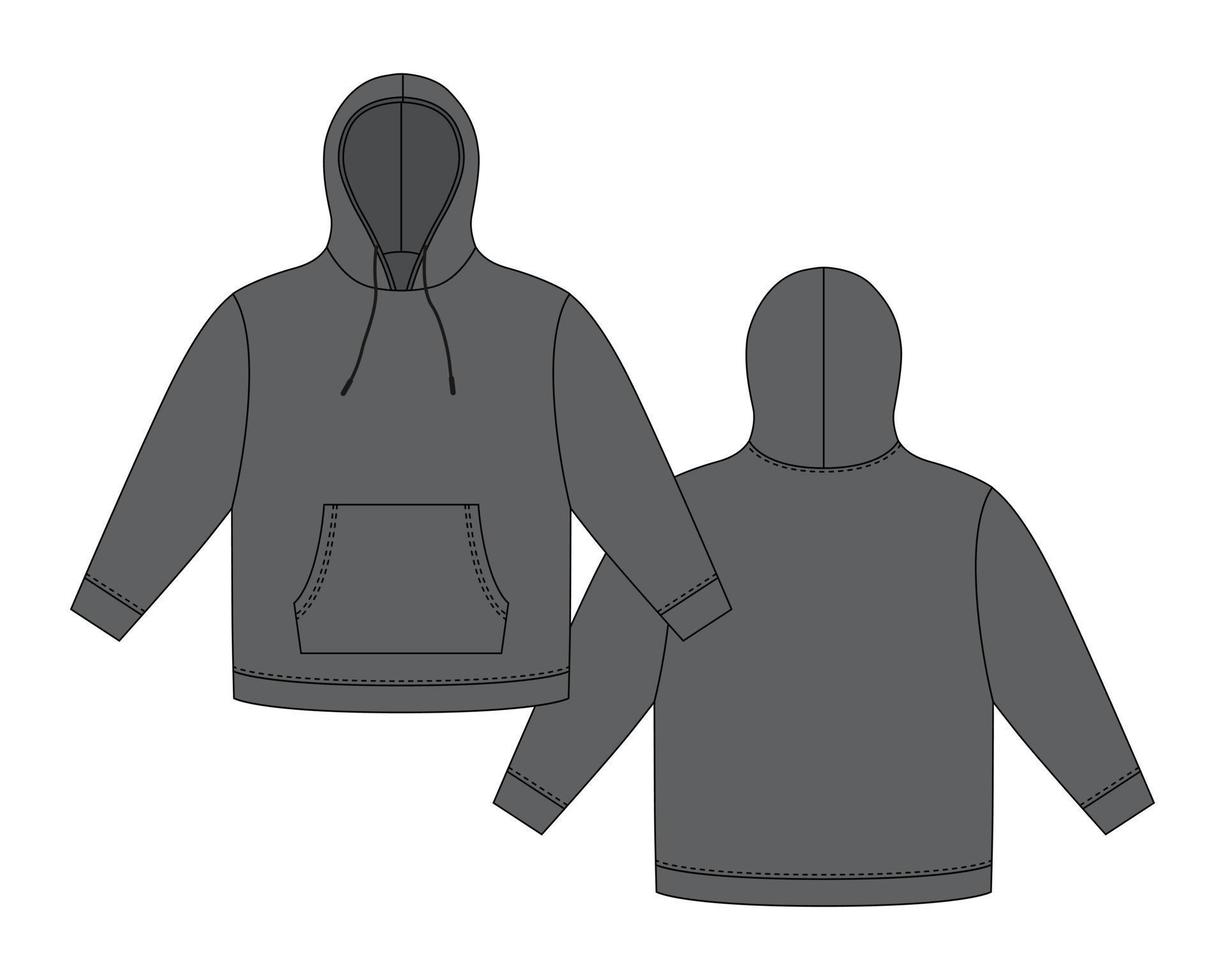 hoodie mall i mörkgrå färg. kläder hoody teknisk skiss mockup. sweatshirt med huva, fickor. unisex tröja. vektor