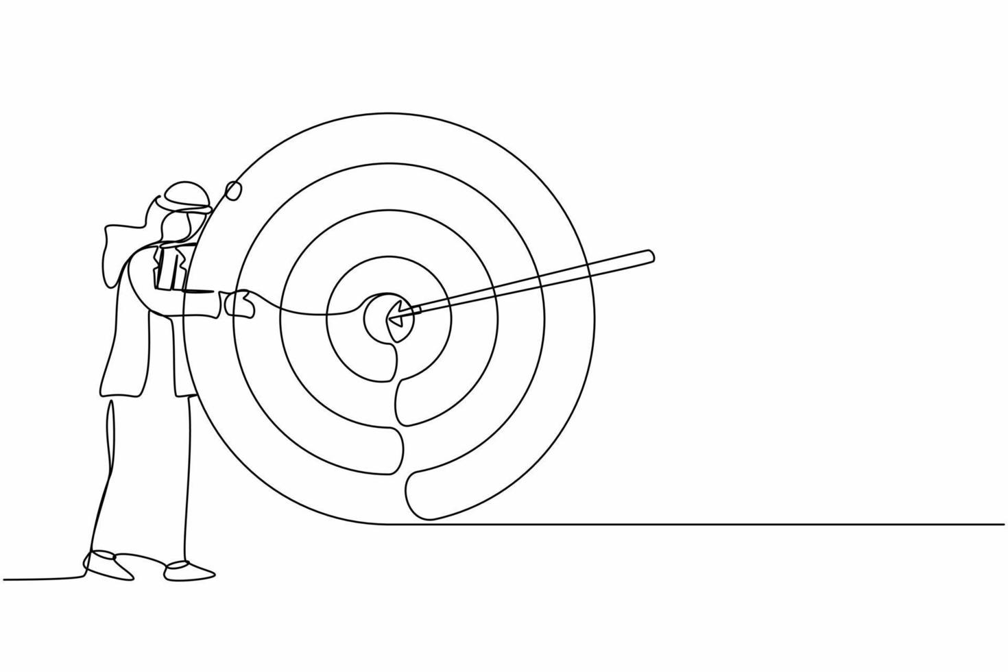 einzelne durchgehende strichzeichnung arabischer geschäftsmann umarmt und steht neben dem kreis des roten ziels, pfeil, der das ziel genau in der mitte trifft, analysieren sie das ergebnis der leistung innerhalb des unternehmens. ein Strichzeichnungsdesign vektor