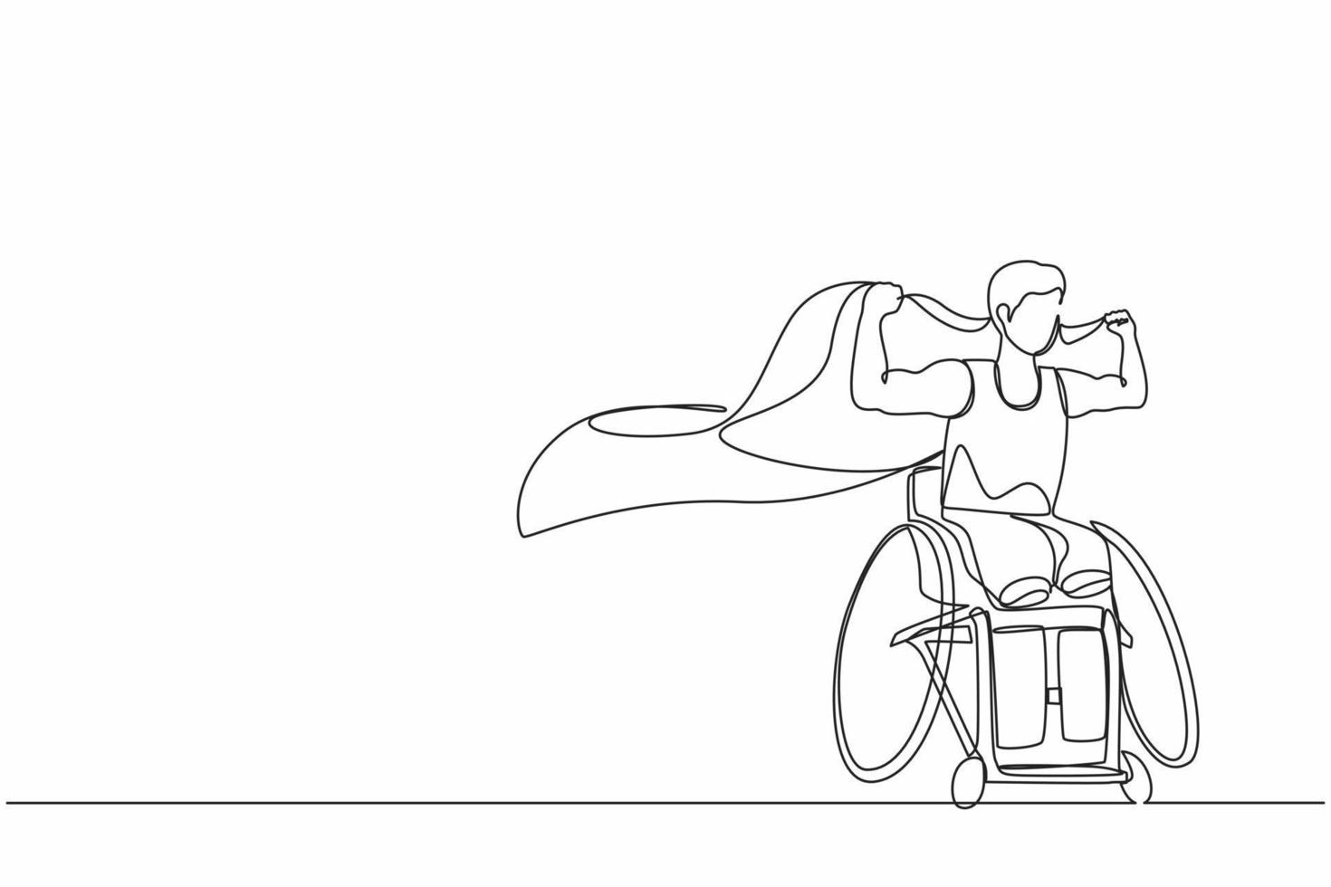 einzelne durchgehende Linie, die einen jungen amputierten Mann mit Körperverletzungen zeichnet, die die Flagge hissen. Behindertensportler sitzen auf Rennrollstuhl, Behindertensportler. eine linie zeichnen grafikdesign-vektorillustration vektor
