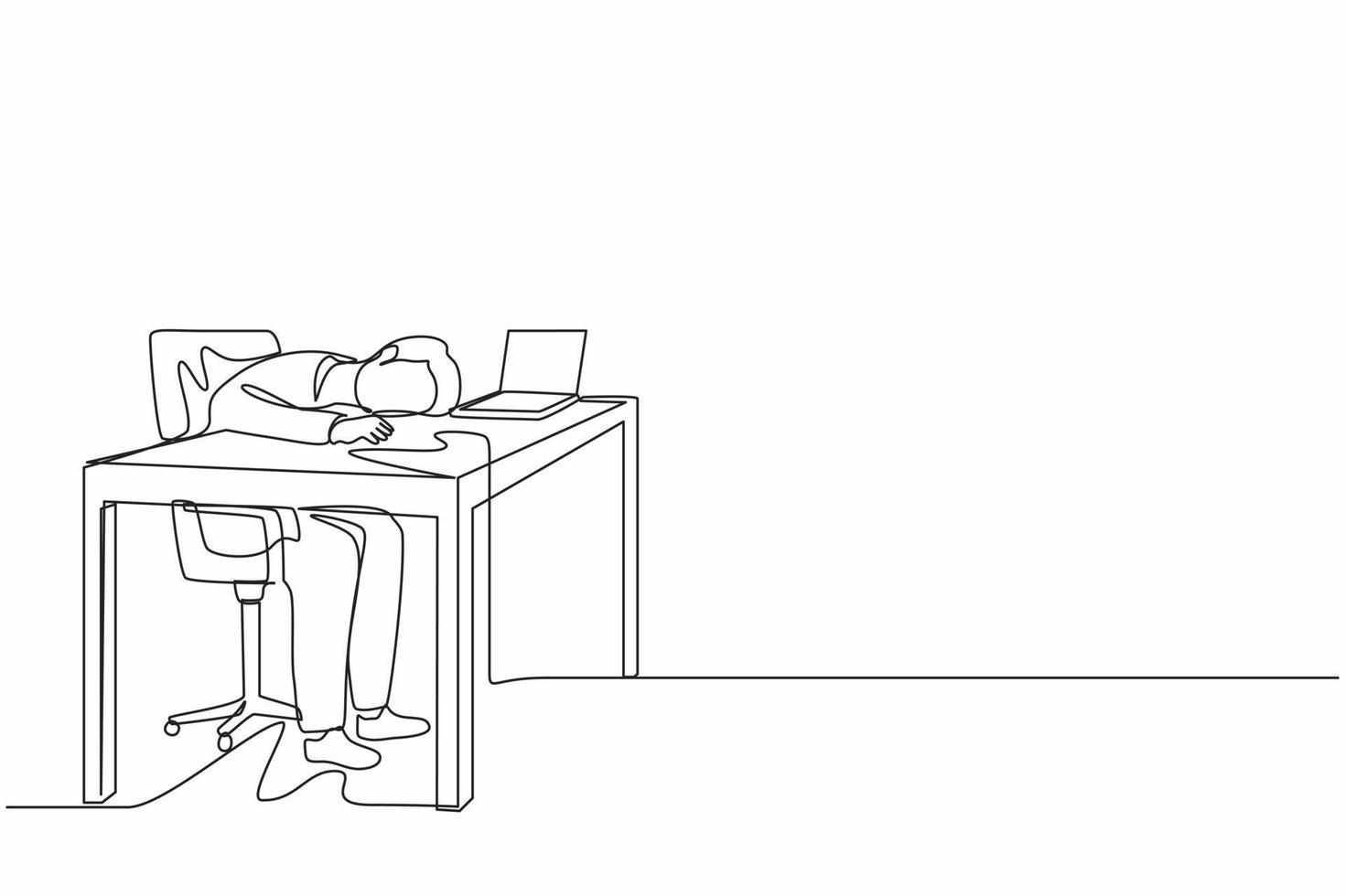 einzelne durchgehende Strichzeichnung erschöpft krank müder männlicher Manager im Büro trauriges langweiliges Sitzen mit gesenktem Kopf auf dem Laptop. frustrierte psychische gesundheitsprobleme der arbeitnehmer. eine linie zeichnen grafikdesignvektor vektor