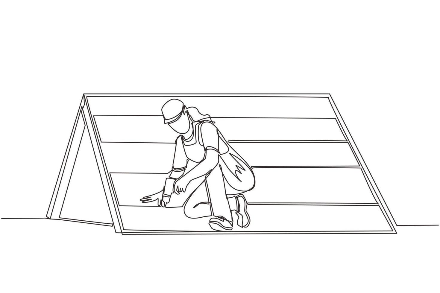 kontinuierliche einzeilige zeichnung dachdecker, der holz- oder bitumenschindeln installiert. dachdeckerfrau, die hausdach mit elektrischem schraubendreher repariert. Reparaturberuf der Reparaturarbeiterin. einzeiliger Entwurfsvektor vektor
