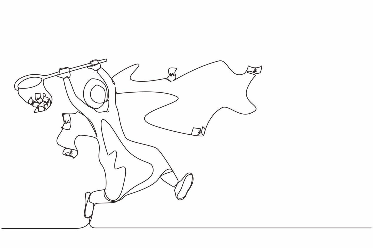 einzelne durchgehende strichzeichnung arabische geschäftsfrau, die versucht, fliegendes geld mit schmetterlingsnetz zu fangen. Unternehmerin nutzt Geschäftsmöglichkeit, um Dollarscheine zu schöpfen. Designvektor mit einer Linie zeichnen vektor