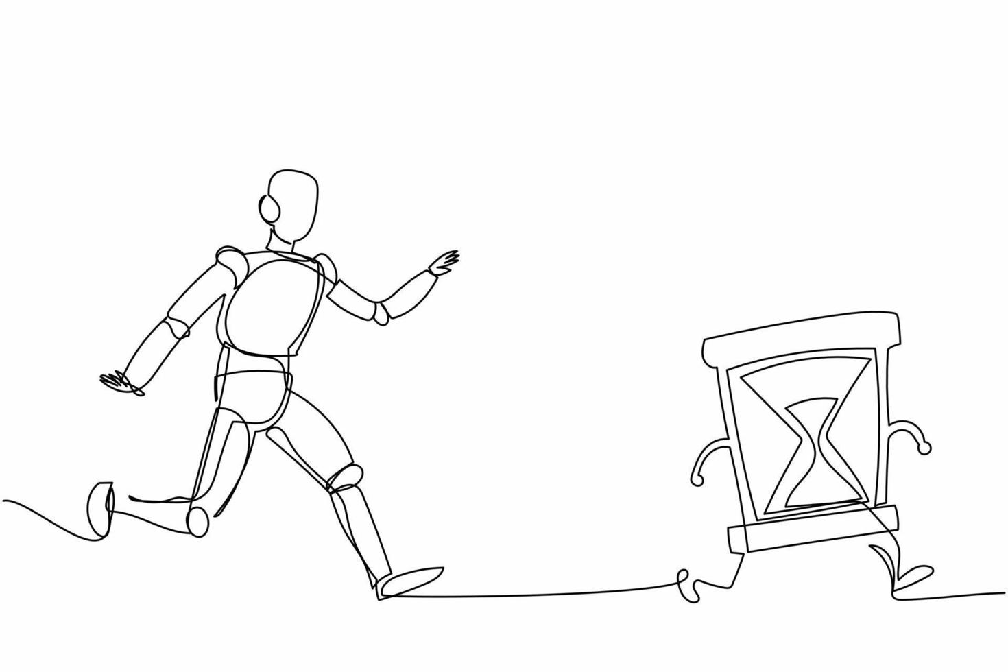 kontinuerlig en rad ritning robot jagar timglas. tidshantering och schema för drift fabriken. utveckling av humanoid robot cybernetisk organism. enda linje design vektorgrafisk illustration vektor