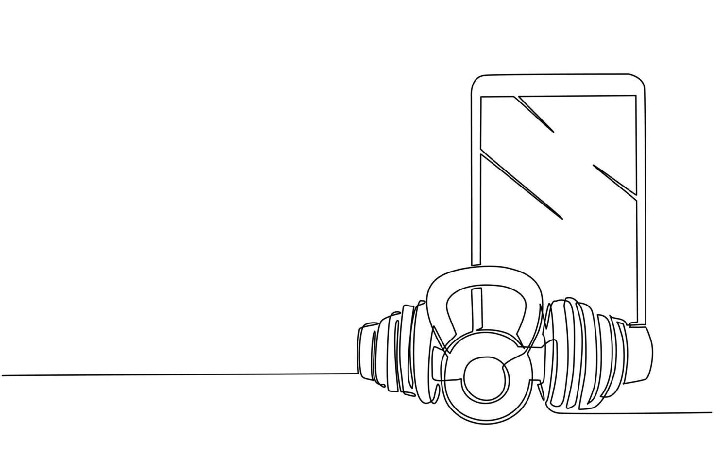 einzelne einzeilige Zeichnung runder schwerer Kettlebell für Sport- und Hantelsymbol mit Smartphone. Online- oder virtuelle Fitness. Bodybuilding. moderne grafische vektorillustration des ununterbrochenen zeichnendesigns vektor