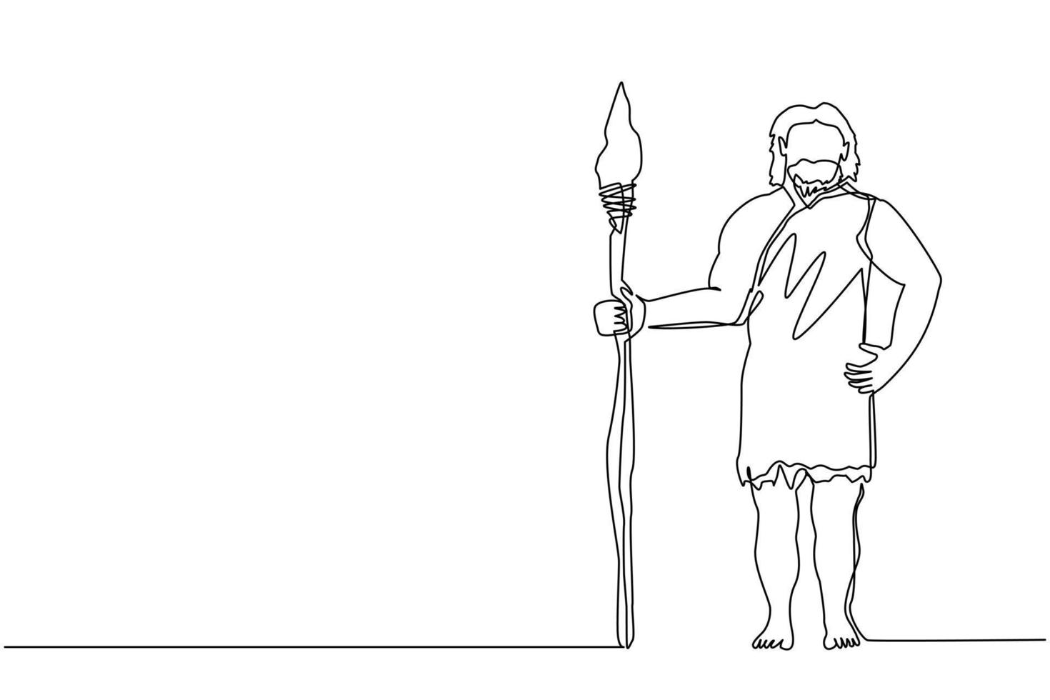 kontinuierliche eine Linie, die einen primitiven archaischen Mann zeichnet, der Kleidung aus Tierhaut trägt und einen Speer hält. Frühmensch, Höhlenmensch, Krieger oder Jäger aus der Steinzeit. einzeiliges zeichnen design vektorgrafik vektor