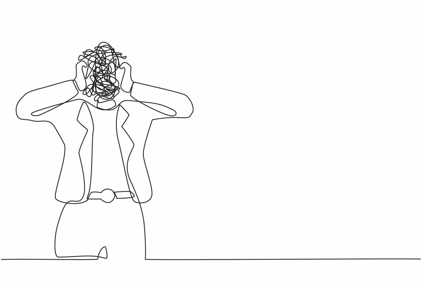 einzelne durchgehende strichzeichnung geschäftsfrau mit runden kritzeln anstelle eines kopfes. Verwirrung und Durcheinandergefühl. gestresste Frau, die mit Problemen im Büro arbeitet. eine Linie zeichnen Design-Vektor-Illustration vektor