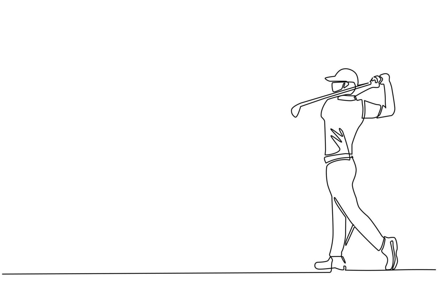 Single One Line Drawing aktiver junger Mann Golfspieler Swing Golfschläger und Schlagball. Freizeitsportkonzept. professionelles Golfturnier. gesunder Lebensstil. Design-Grafikvektor mit kontinuierlicher Linie vektor