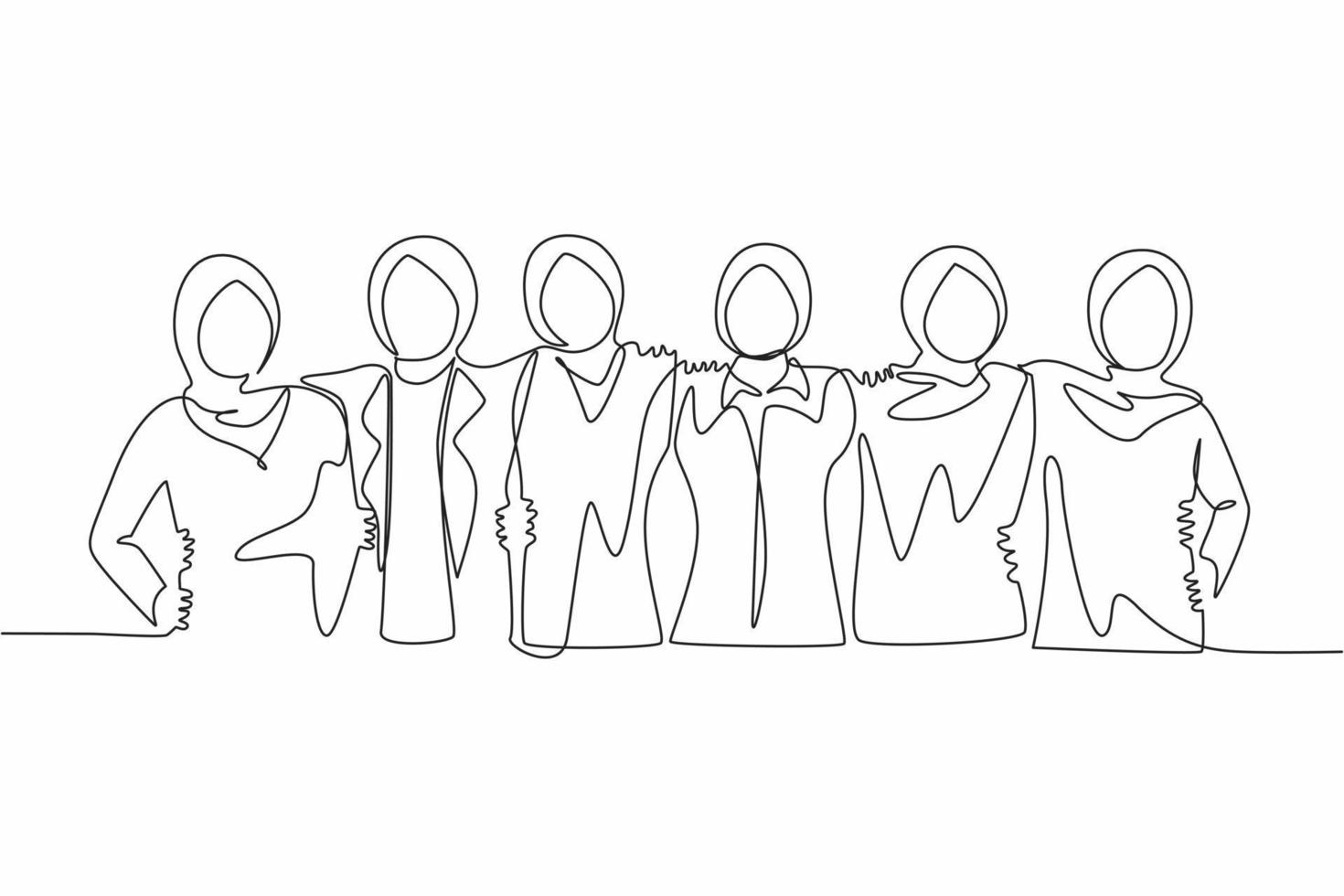 kontinuerlig en rad ritning grupp av arabiska kvinnor kramas. kvinnor tillsammans. glad vänskapsdag med olika vänner till människor som kramas tillsammans för att fira en speciell händelse. enda linje design vektor