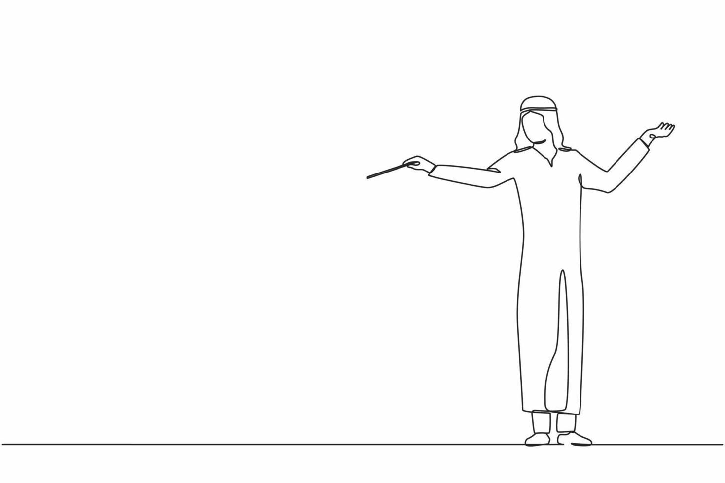 Kontinuierliche einzeilige Zeichnung des Dirigenten des arabischen Musikorchesters. männlicher musiker mit armgesten. Der ausdrucksstarke Dirigent leitet das Orchester während der Aufführung. einzeiliges zeichnen design vektorillustration vektor