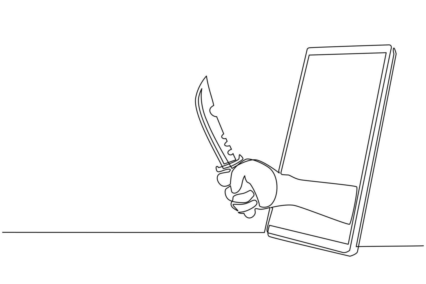 kontinuierliche einzeilige zeichnung hand halten militärisches kampfmesser über handy. konzept von handyspielen, e-sport, unterhaltungsanwendung für smartphones. einzeiliges zeichnen design vektorgrafik vektor