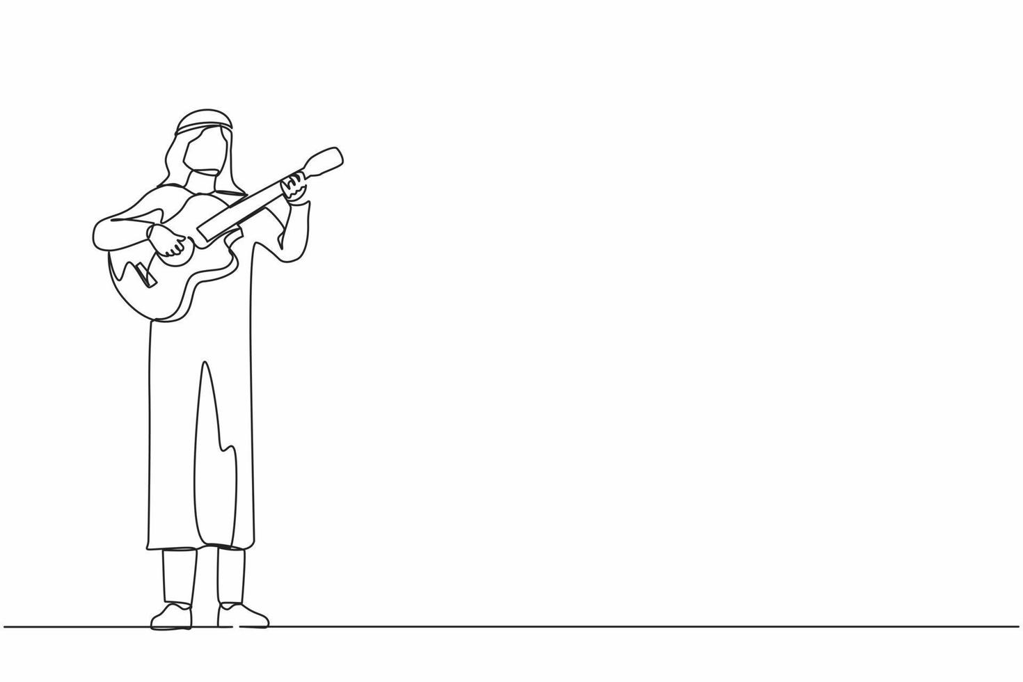 kontinuierliche einstrichzeichnung arabischer mann, der akustikgitarre spielt. Teenager-Musiker, der Saiten bei einer musikalischen Darbietung spielt. Berufsmusiker. einzeiliges zeichnen design vektorgrafik illustration vektor