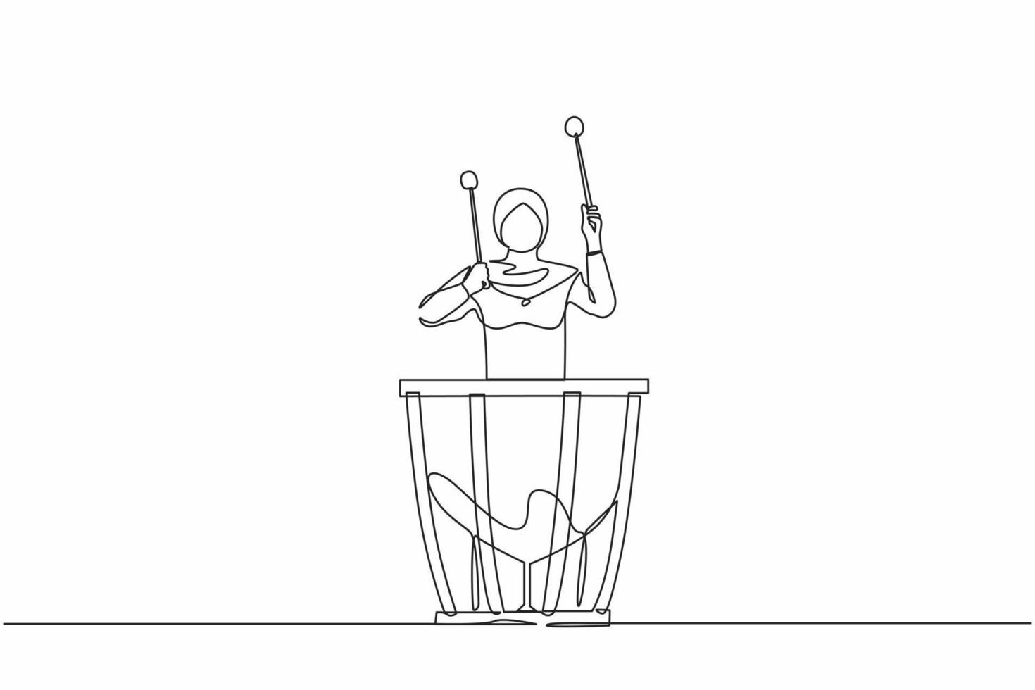 enda kontinuerlig linjeteckning arabisk kvinnlig slagverkare spelar på timpani. kvinna artist håller pinne och spelar musikinstrument. musikinstrument timpani. en rad grafisk design vektor