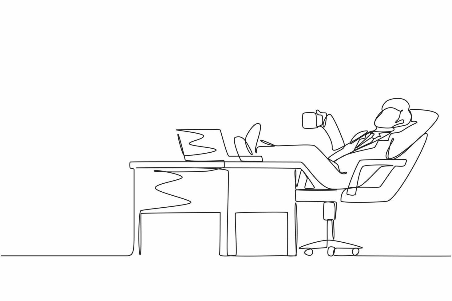 Single One Line Drawing Junger Geschäftsmann arbeitet entspannt am Schreibtisch und trinkt eine Tasse Kaffee. flaches design des mitarbeitercharakters, der mit laptop-computer arbeitet. kontinuierliche linie zeichnen grafische vektorillustration vektor