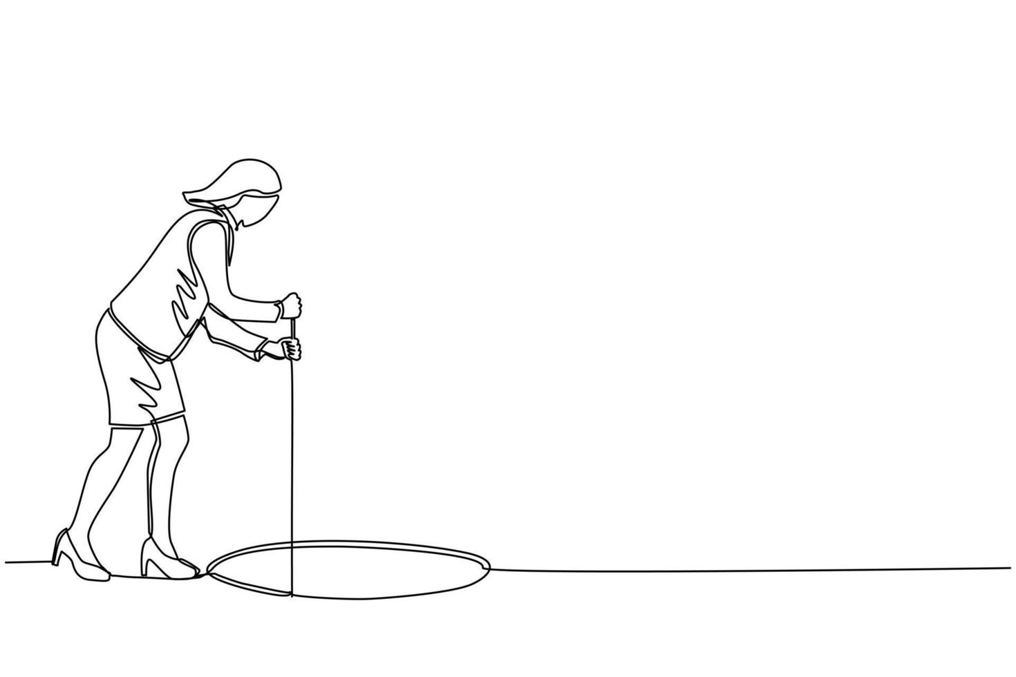 durchgehende einzeilige zeichnung geschäftsfrau streckt seil in loch. frau, die sich fragt und großes loch betrachtet, geschäftskonzept in gelegenheit, erforschung oder herausforderung. einzeiliger Entwurfsvektor vektor