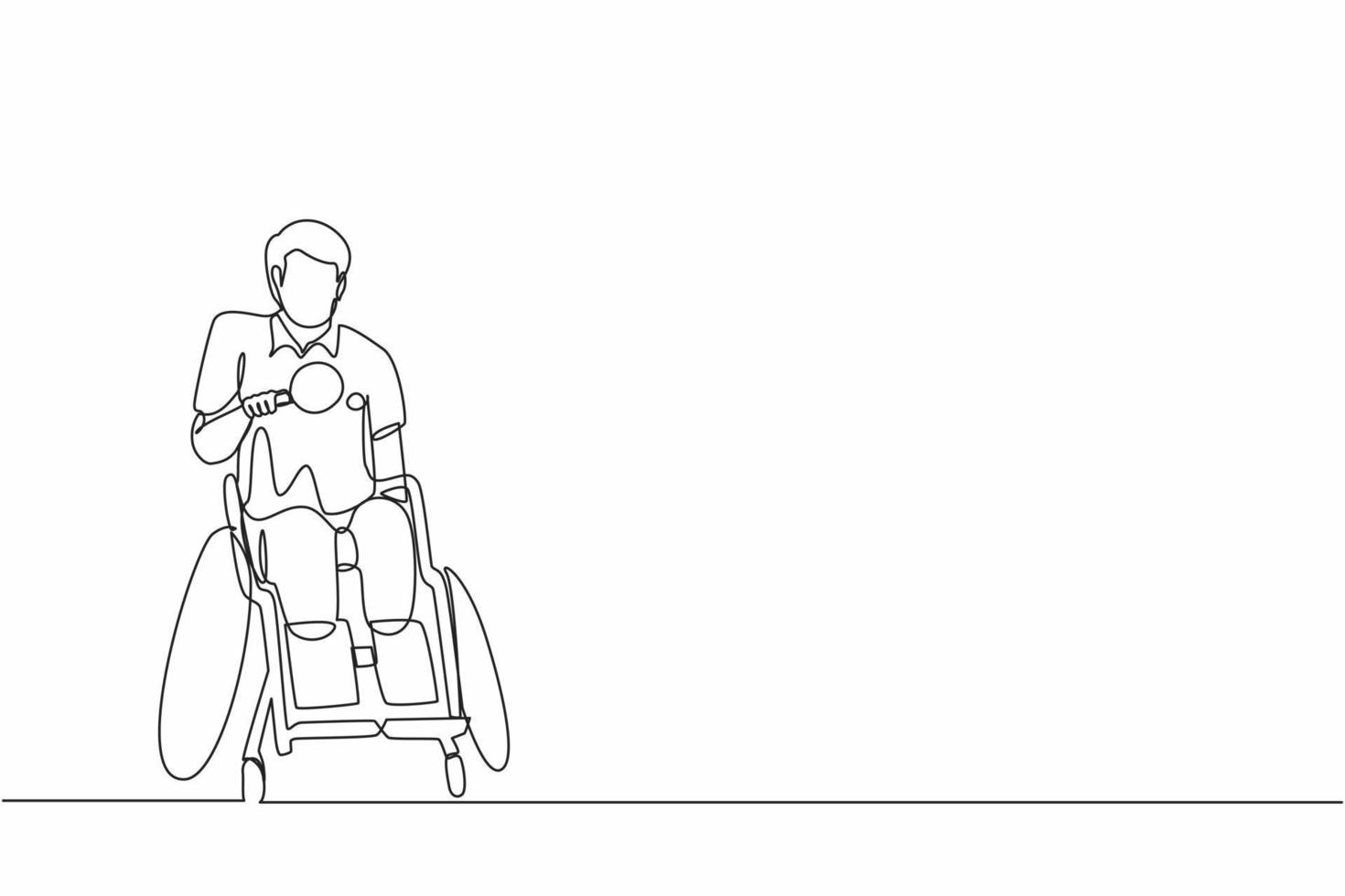 enda en rad ritning handikappad idrottsman i rullstol som spelar bordtennis. spel mästerskap. hobbyer, intressen för personer med funktionsnedsättning. kontinuerlig linje rita design grafisk vektor