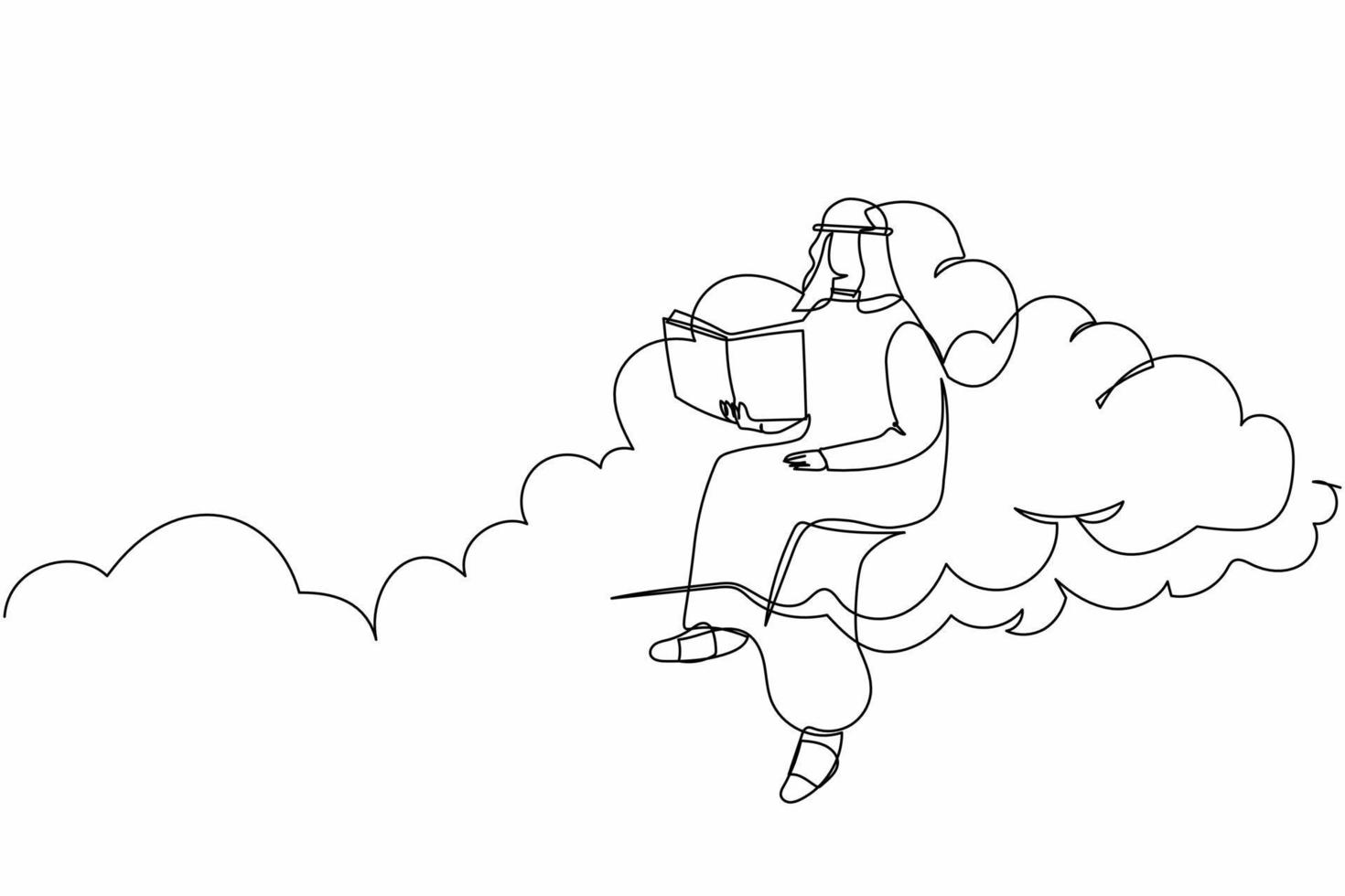 fortlaufende einzeilige zeichnung arabischer geschäftsmann, der auf einem wolkenlesebuch sitzt. Ausbildung zur Verfolgung des Karrierepfadwachstums. Büroangestellte studieren Literatur. einzeiliges zeichnen design vektorgrafik illustration vektor