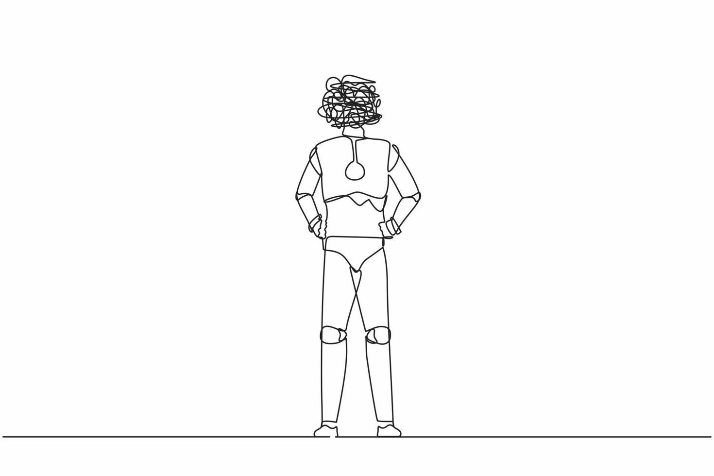 Roboter zum Zeichnen von einzelnen durchgehenden Linien mit runden Kritzeleien anstelle des Kopfes, der steht und die Hand auf der Hüfte hält. zukünftige Technologieentwicklung. künstliche Intelligenz. einzeilige Designvektorillustration vektor