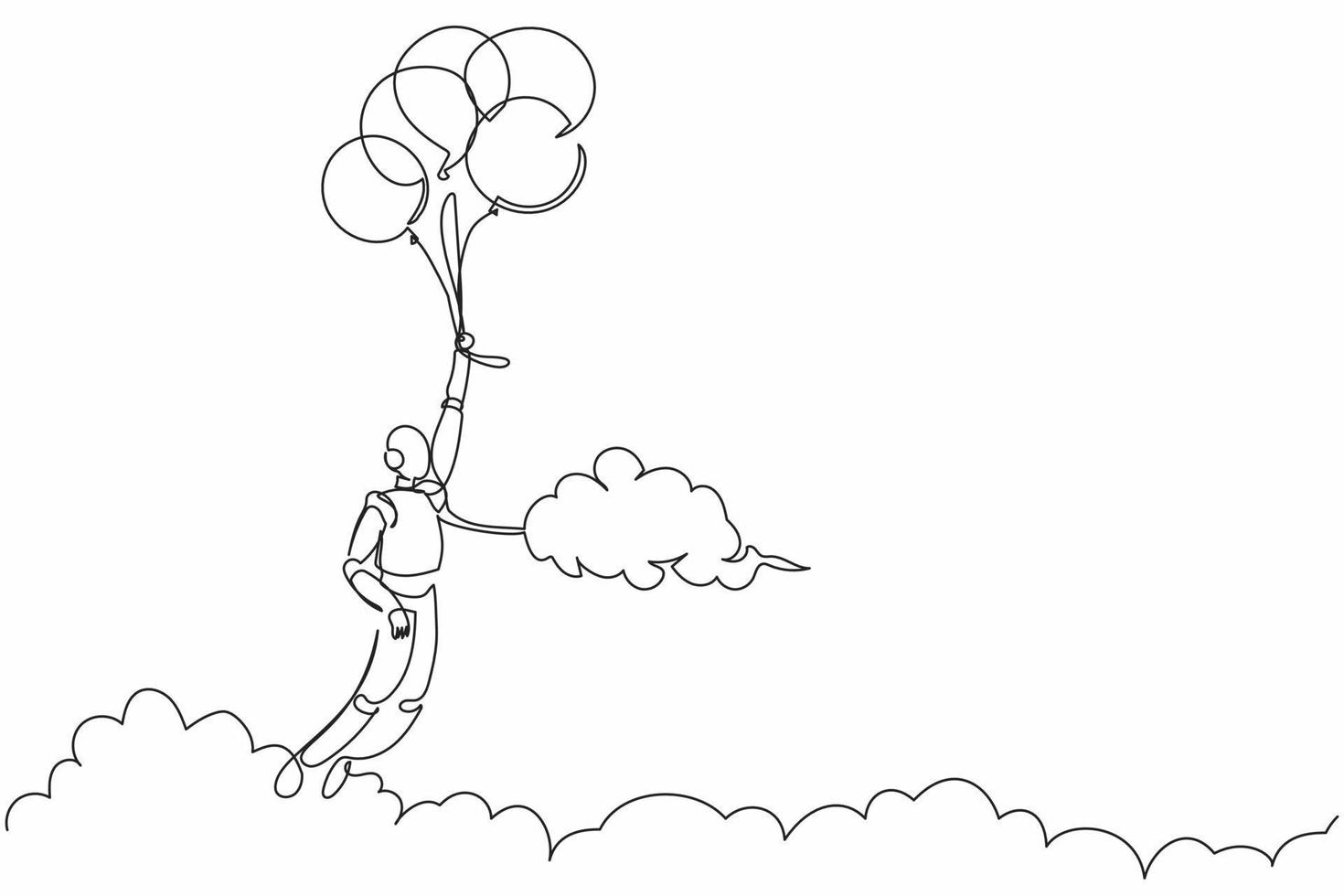 Ein Strichzeichnungsroboter, der mit einem Ballon durch die Wolke fliegt. erreicht ziel, ziel, lösung finden. zukünftige Technologieentwicklung. künstliche Intelligenz. durchgehende Liniendesign-Vektorillustration vektor