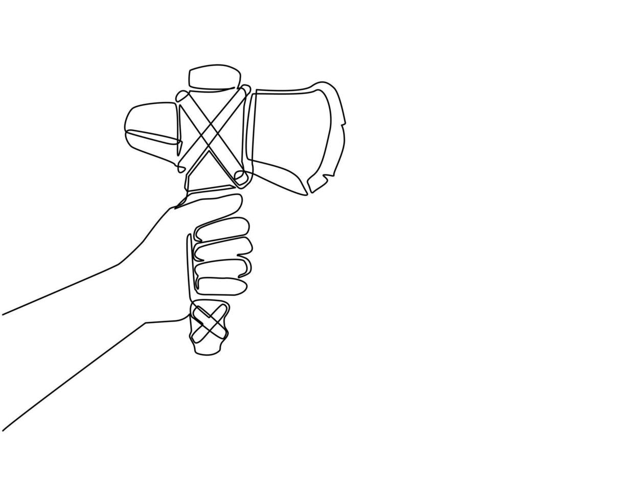 einzelne einzeilige zeichnungshand, die steinäxte hält. Urmenschenwaffe. Jagdwerkzeuge aus der Steinzeit. alte prähistorische Waffe, Arbeitswerkzeug. moderne grafische vektorillustration des ununterbrochenen zeichnendesigns vektor