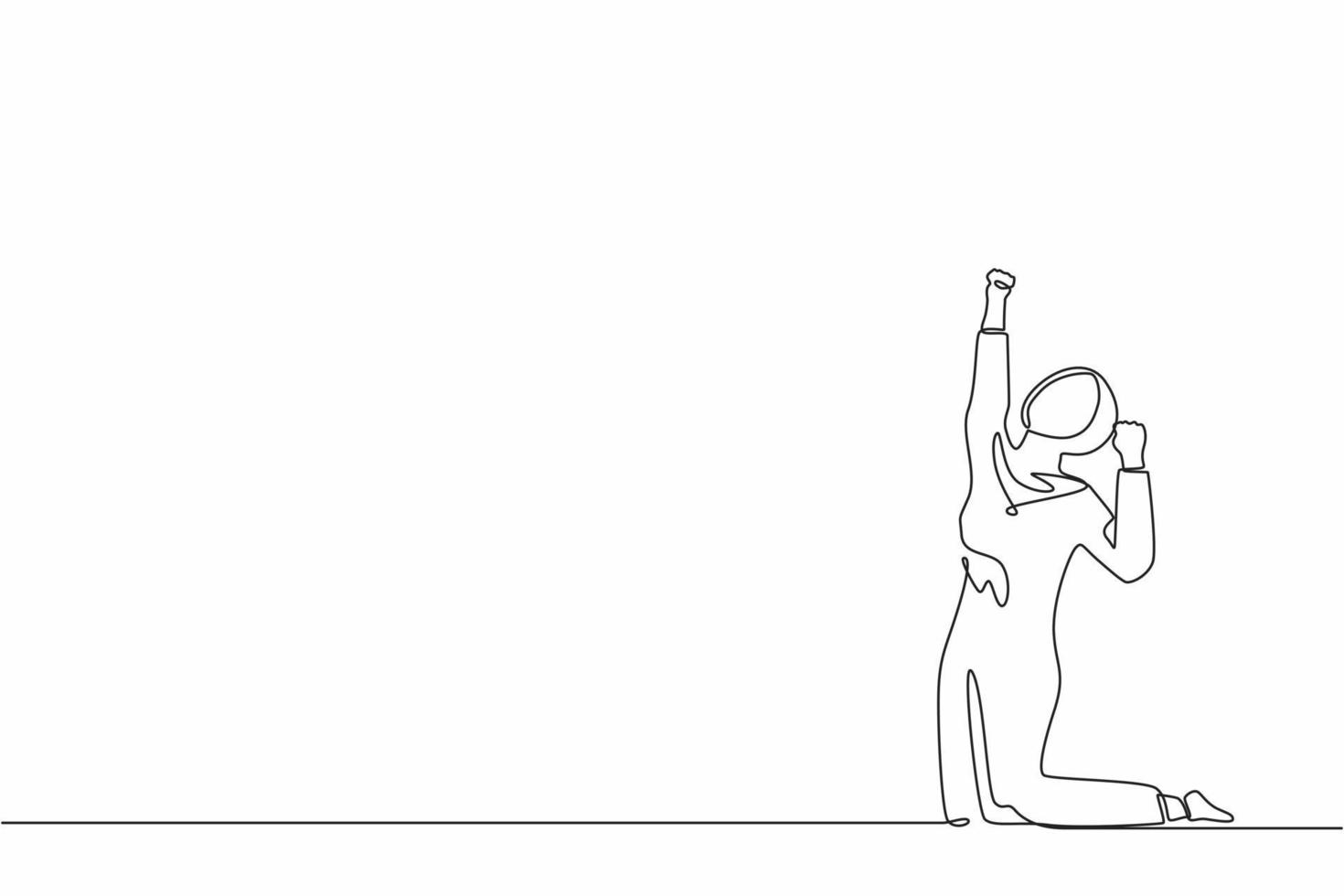 enda en rad ritning glad arabisk affärskvinna på knä med höjda ena handen högt och höjde den andra. försäljare firar löneökning från företaget. kontinuerlig linje rita design grafisk vektor