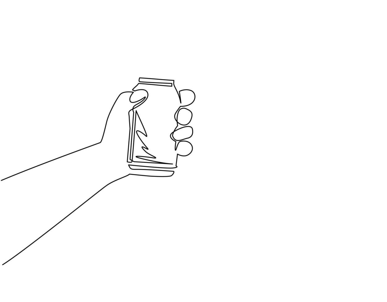 einzelne einstrichzeichnungshand, die getränkedose hält. männliche Hand, die Aluminiumdose auf weißem Hintergrund hält. für Restaurant- oder Café-Getränkekarte. moderne grafische vektorillustration des ununterbrochenen zeichnendesigns vektor