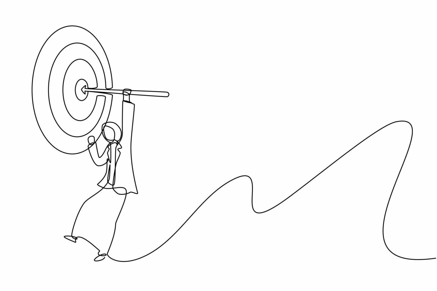 einzelne einstrichzeichnung arabische geschäftsfrau hängender pfeil auf ziel, geschäftserfolgskonzept. geschäftsfrau hängender pfeil auf ziel. moderne grafische vektorillustration des ununterbrochenen zeichnendesigns vektor