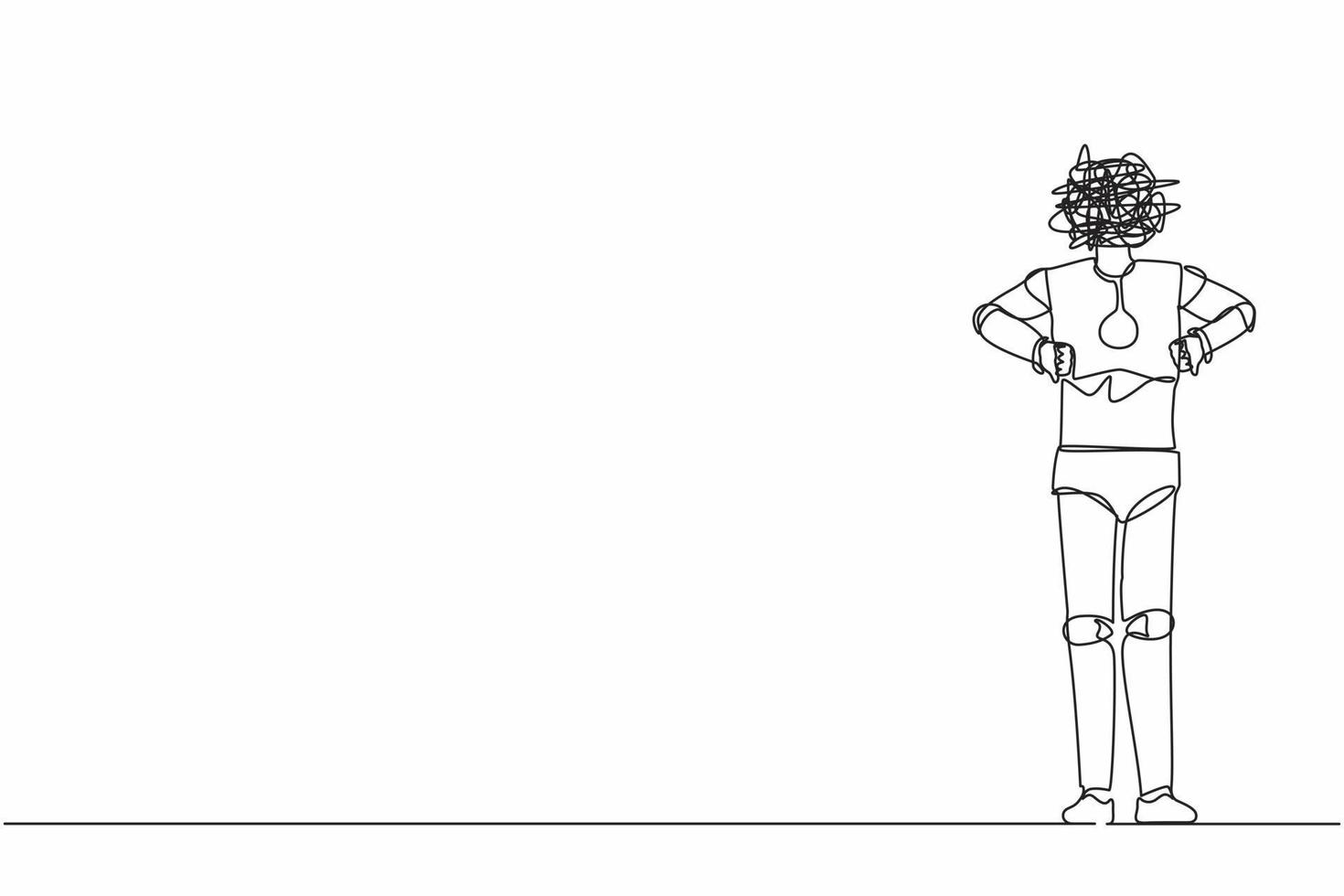 Ein Strichzeichnungsroboter mit runden Kritzeleien anstelle des Kopfes, stehend und Daumen nach unten zeigend. Uneinigkeit, Abneigung. humanoider Roboter Kybernetik. durchgehende Liniendesign-Vektorillustration vektor