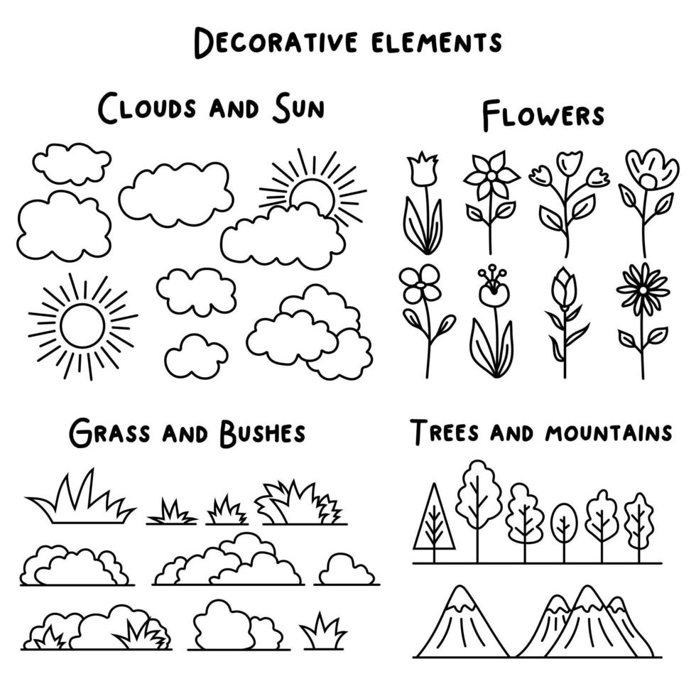 handritad set med dekorativa landskapselement sol, moln, blommor, träd, gräs och buskar med berg. vektor