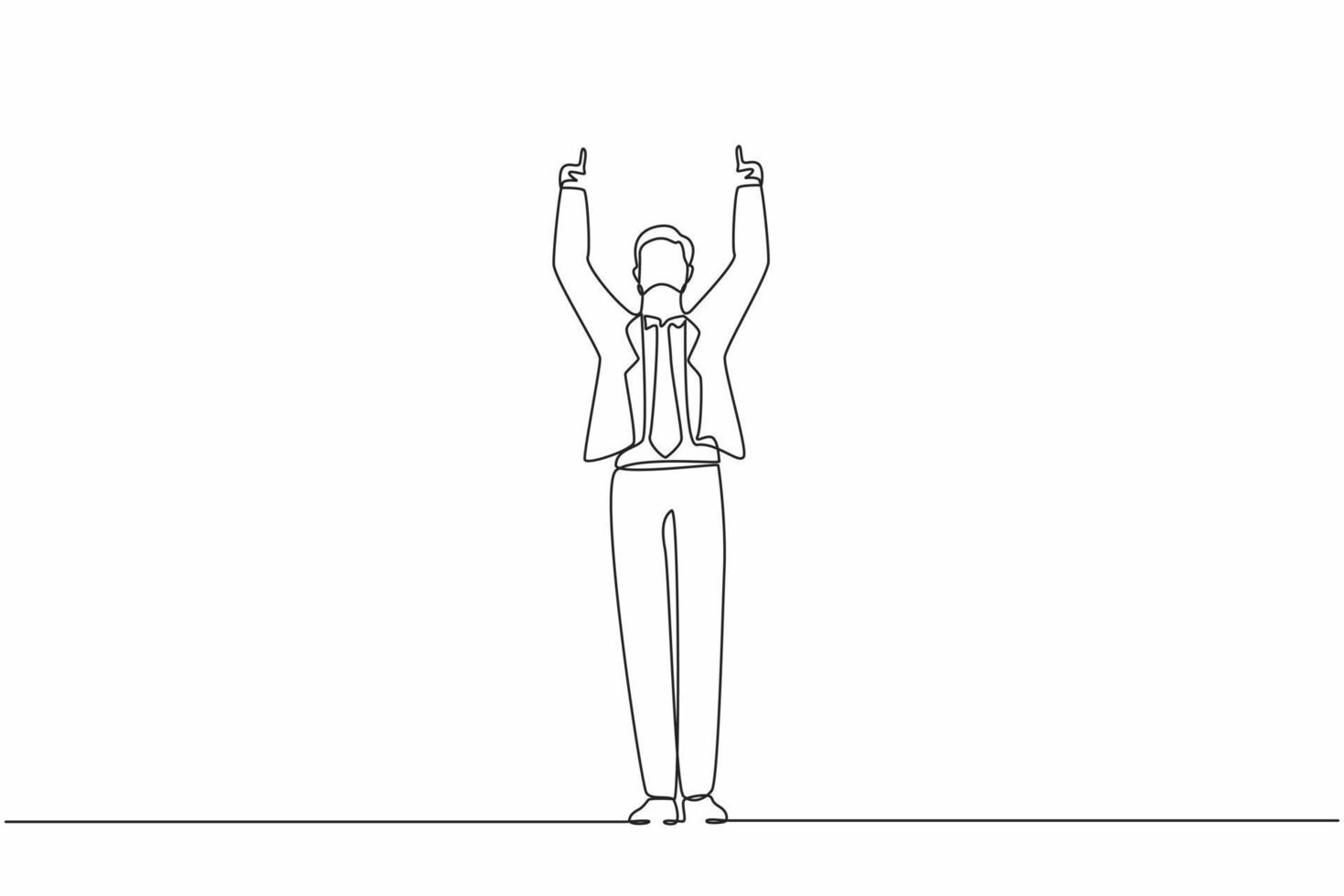 enda kontinuerlig linje ritning glad affärsman stående och båda händerna pekar med pekfingrar. säljare firar löneökning från företaget. en rad rita grafisk design vektorillustration vektor