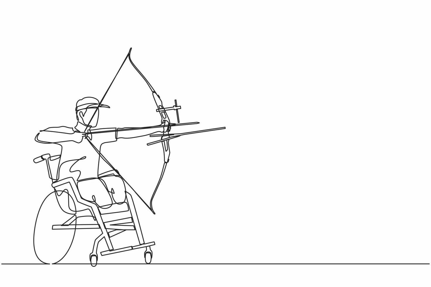 kontinuerlig en rad ritning handikappad bågskytt manlig idrottare siktar med sportbåge. sportutrustning för bågskytte för idrottare. funktionshinder bågskytt man siktar en pil. en rad rita design vektorgrafik vektor