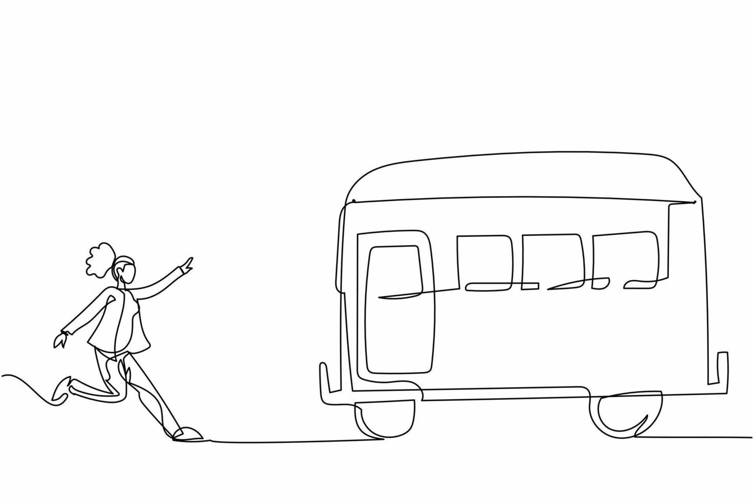 einzelne eine strichzeichnung geschäftsfrau laufen jagen versuchen, zug zu erwischen. Beeilen Sie sich, um Transport zu bekommen, öffentliches Personenfahrzeug. Geschäftsmetapher. ununterbrochene Linie zeichnen Design-Vektor-Illustration vektor