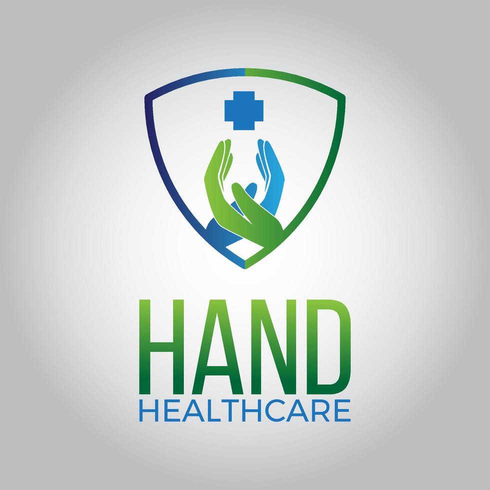 blå och grön modern sköld hand sjukvård logotyp vektor