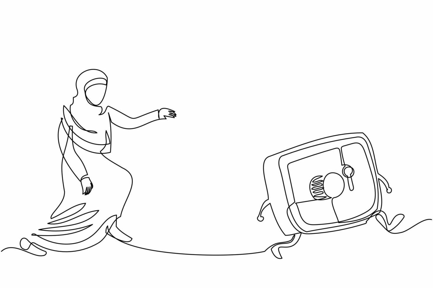 enda en rad ritning arabisk affärskvinna jagar bankfack. kvinnlig arbetare spara pengar, dollar, smycken, guld i säkerhetsbox. skyddstillgång i bank. kontinuerlig linje design vektor illustration