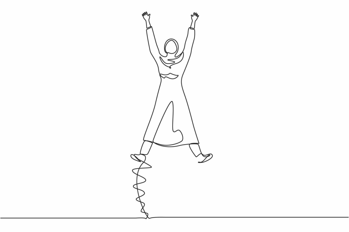 enda en rad ritning glad arabisk affärskvinna hoppa med sprida hennes armar och ben. kontorsarbetare fira framgången för företagets projekt. kontinuerlig linje rita design grafisk vektorillustration vektor