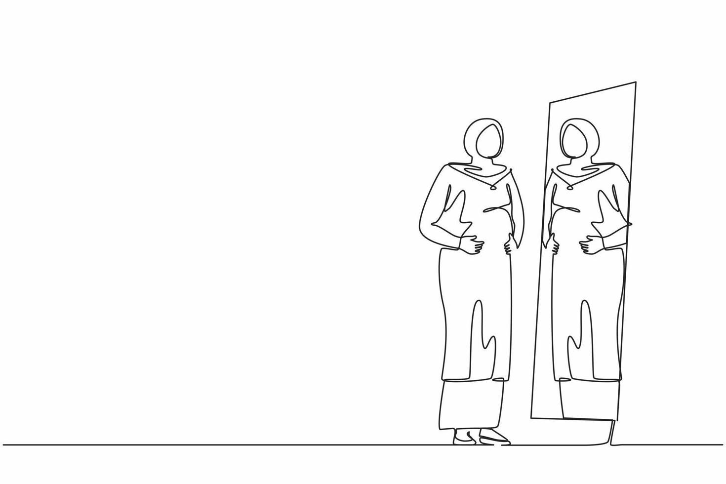 Eine einzelne Strichzeichnung einer arabischen Geschäftsfrau, die vor dem Spiegel steht und sieht, wie sie einen dicken Bauch bekommt, wenn sie ihren Bauch hält. Übergröße und Fettleibigkeit. Design-Grafikvektor mit kontinuierlicher Linie vektor