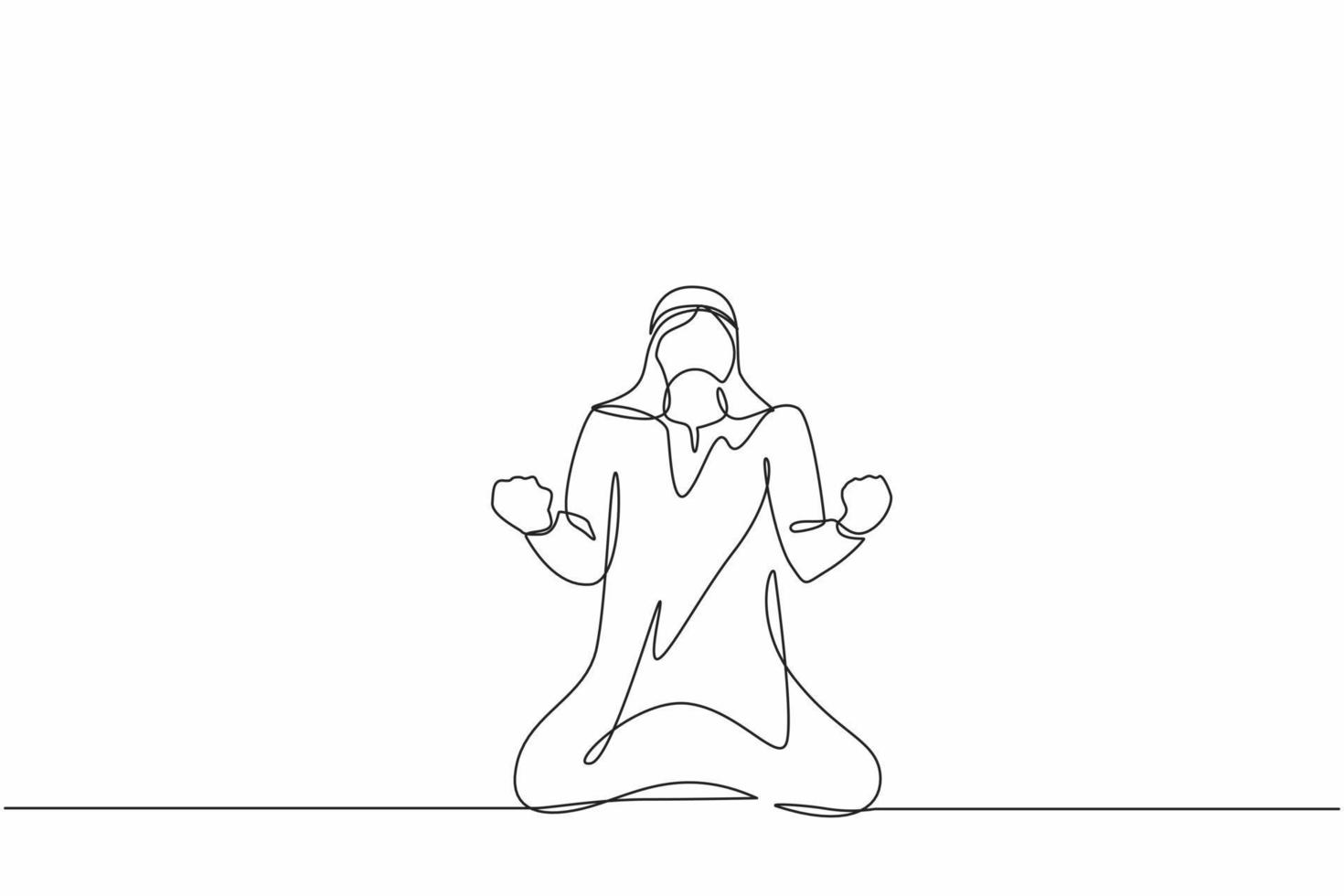 kontinuierliche einzeilige zeichnung glücklicher arabischer geschäftsmann, der mit beiden händen kniet, geste ja. männlicher manager, der den erfolg der steigerung der produktverkäufe des unternehmens feiert. einzeiliges zeichnen design vektorgrafik vektor