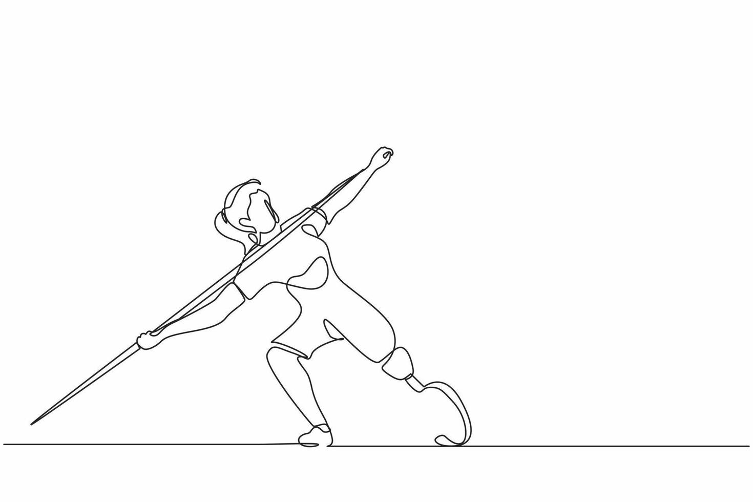 kontinuierliche einzeilige zeichnung behinderter athlet, der speer mit prothesenbein wirft. Behinderte Sportlerin mit amputiertem Fuß. Behindertensport, Behindertenspiele. einzeiliges zeichnen design vektorgrafik vektor