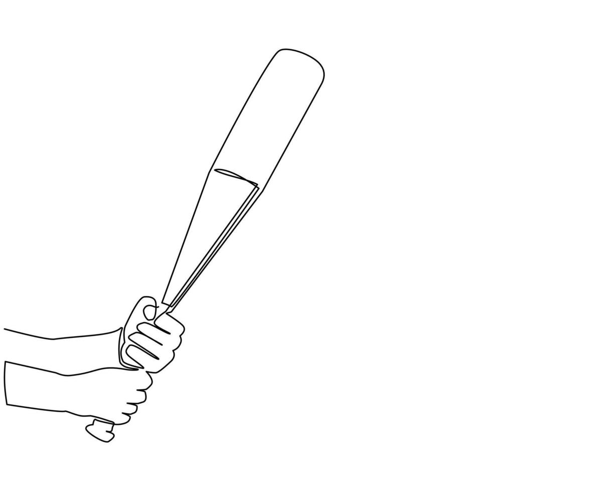 enda en rad ritning spelare hand som håller basebollträ. amerikansk utomhussport spelutrustning. realistiskt basebollträ. skiss scratchboard imitation. kontinuerlig linje rita design vektorillustration vektor